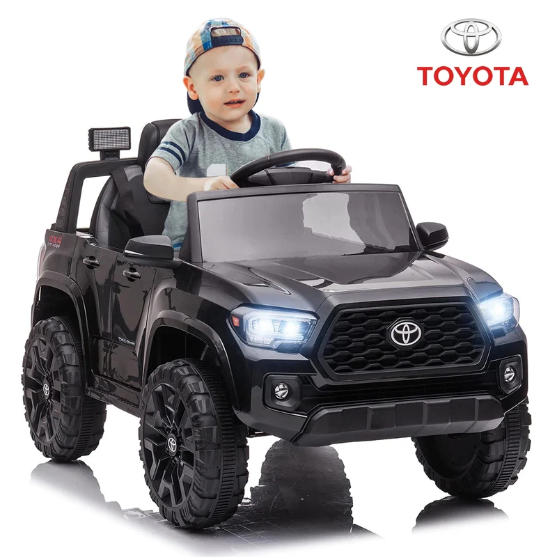 Track 7 Ride on Car with Remote Control, 12V Toyota Tacoma Electric Car for Boys Girls Age 3+, AUX/FM/USB, Storage Truck, Black