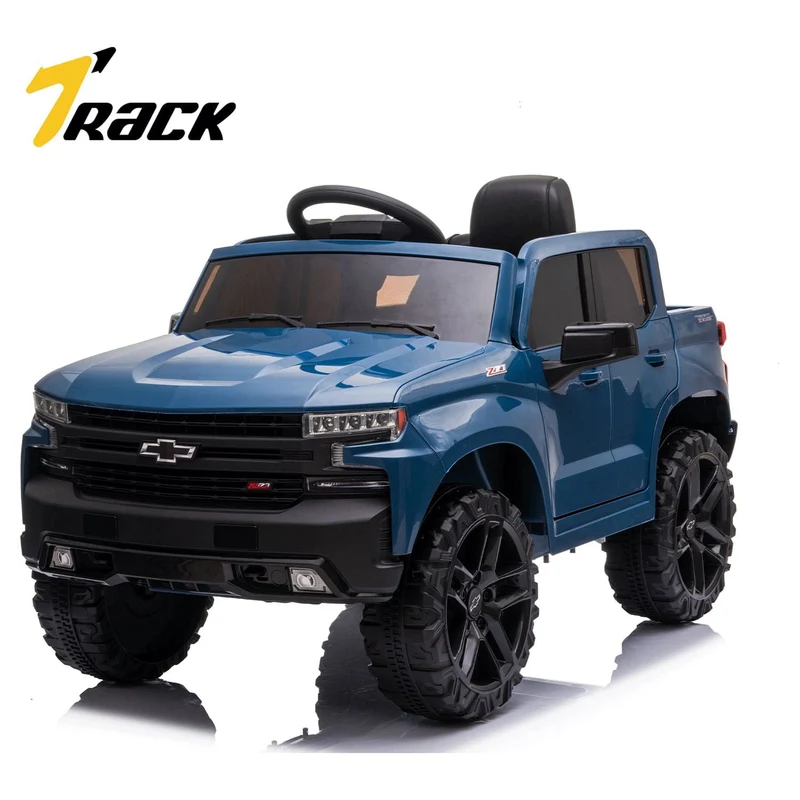 Track 7 Kids Ride on Car, 12V Chevrolet Silverado Electric Car for Boys Girls, Ride on Truck with Remote Control, Music, Age 3+, Blue