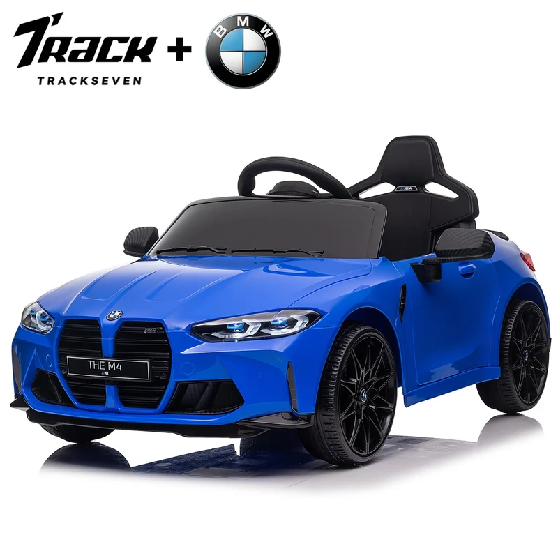 Track 7 12V Ride on Car, Licensed BMW M4 Electric Car, Kids Ride on Car with Remote Control, Bluetooth, Lights, Portable Handle, Blue