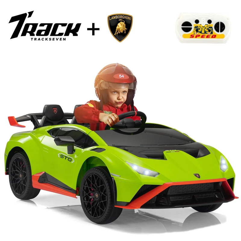 Track Seven 12V Kids Ride on Car, Licensed Lamborghini STO Electric Car for Kids Age 3+, Remote Control, Music, Motorized Drift Electric Vehicle, Max Speed 5mph, Green