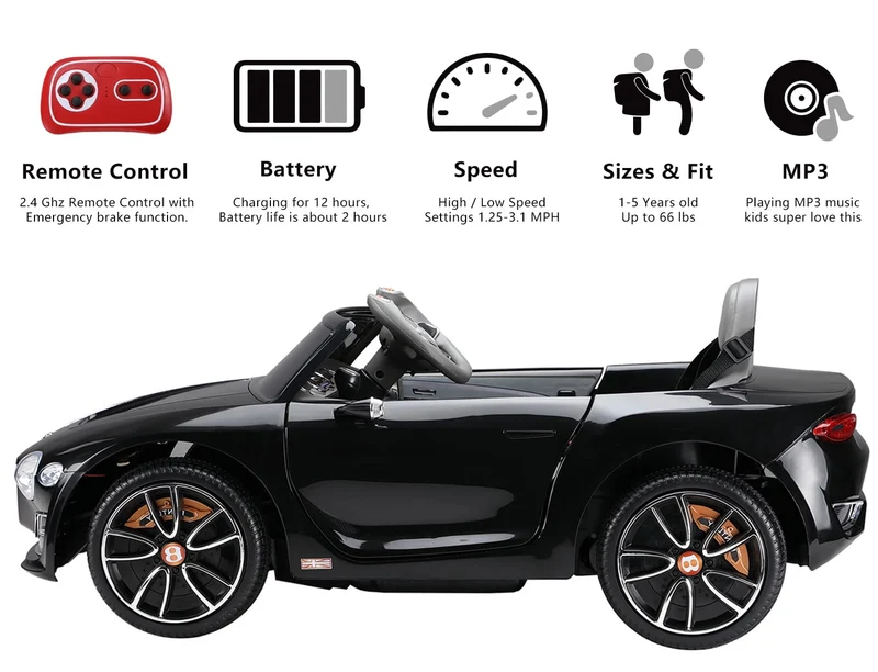 LISUEYNE Official Licensed Bentley Ride on Car, 12V Electric Car for Boys Girls Age 3+, Ride on Car w/Remote Control, Music, Black