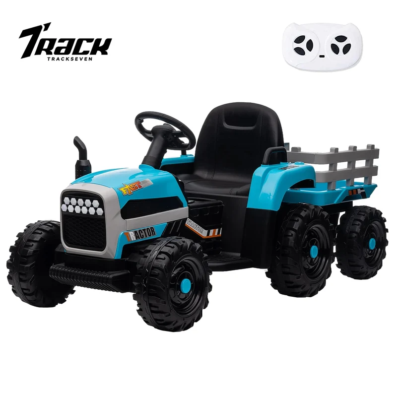 Track 7 12V Ride on Tractor with Trailer, Kids Electric Car with Remote Control, Bluetooth, MP3, LED Lights, 3-Gear-Shift Ground Loader, Ride on Car for Boys Girls, Blue