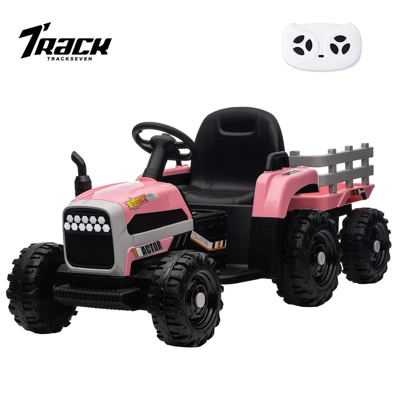 Track 7 12V Ride on Tractor with Trailer, Kids Electric Car with Remote Control, Bluetooth, MP3, LED Lights, 3-Gear-Shift Ground Loader, Ride on Car for Boys Girls, Pink