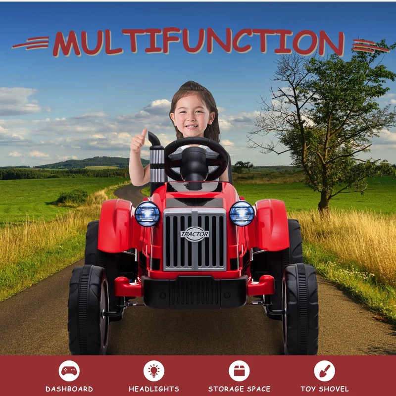 Track 7 12V Ride on Tractor with Trailer, 6-Wheel Electric Truck for Boys Girls, Kids Ride on Car with Remote Control, Music, Lights, Red