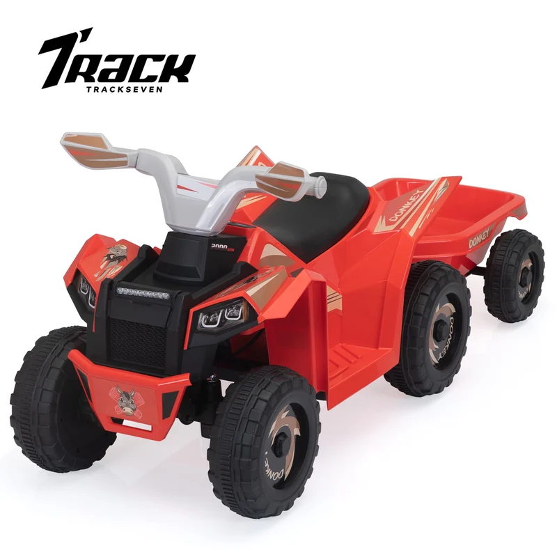 Track 7 Kids Ride on ATV with Trailer, 4 Wheeler Electric Quad Vehicle, Ride on Car with Music, Horn, Power Display, Kids Electric ATV, Red