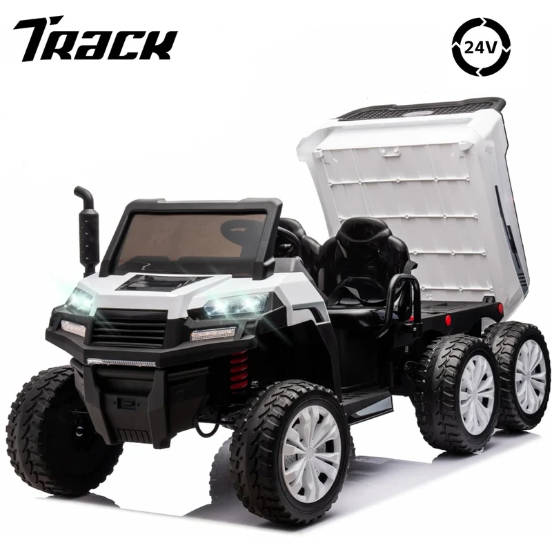 Track 7 24V Ride on Car, 2-Seater Ride On Dump Truck, 6 Wheels Electric Car with Remote Control, Music, Shift Lever, off-Road Ride on UTV, White