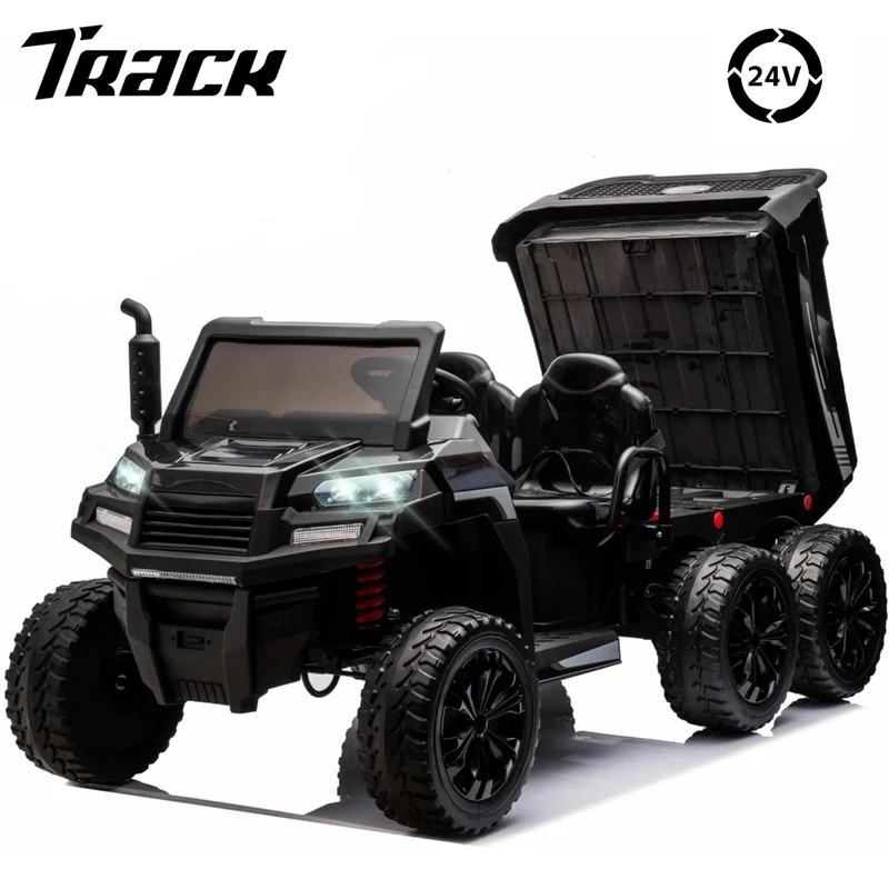 Track Seven 24V Ride on Car, 2-Seater Ride On Dump Truck, 6 Wheels Electric Car with Remote Control, Music, Shift Lever, off-Road Ride on UTV, Black