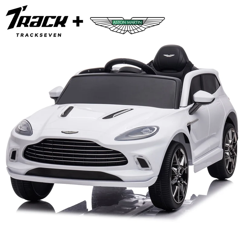 Track Seven 12V Kids Ride on Car, Licensed Aston Martin Electric Car for Boys Girls Age 3+, Remote Control, Music, USB, Portable Handle, White