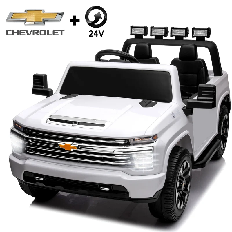 Track Seven 24V Ride on Car, Licensed Silverado HD 2 Seater Electric Car for Boys Girls Age 3+, 24V Ride on Truck w/Remote Control, Music, ABC, White