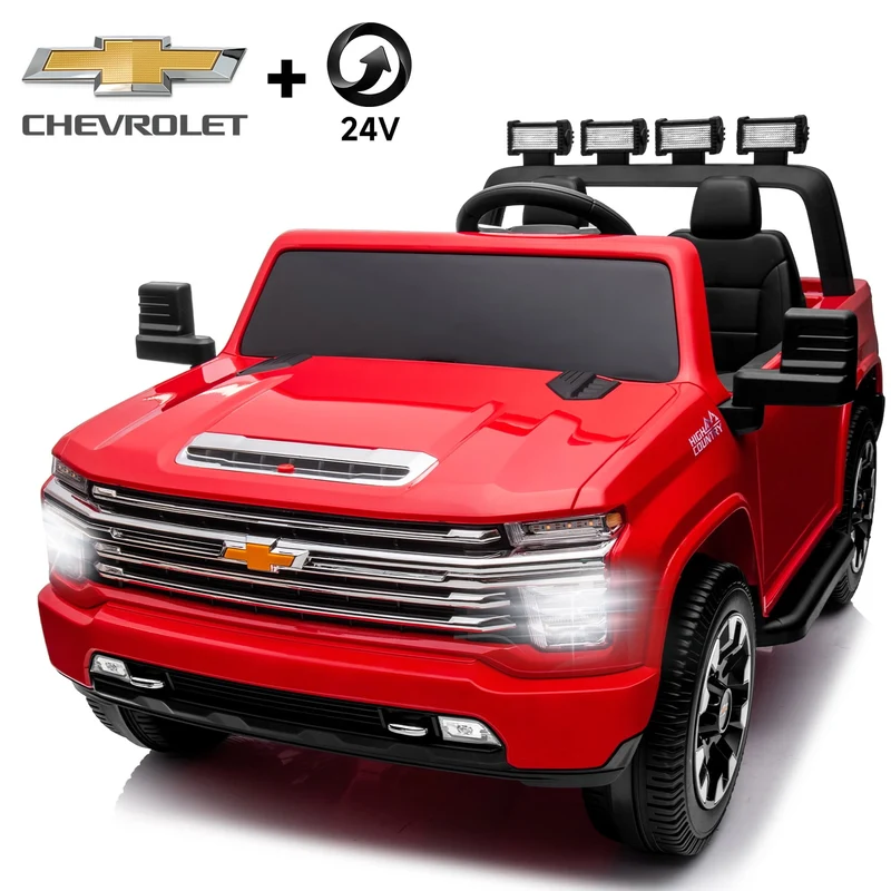 Track Seven 24V Ride on Car, Licensed Silverado HD 2 Seater Electric Car for Boys Girls Age 3+, 24V Ride on Truck w/Remote Control, Music, ABC, Red