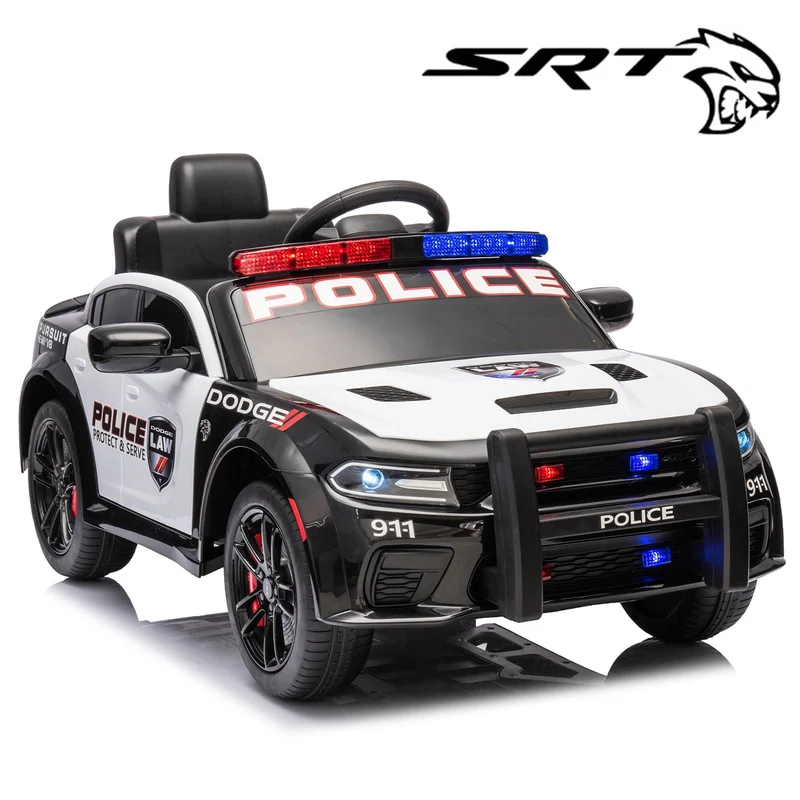 SUSIELADY 12V Kids Ride on Police Car, Licensed Dodge Charger, with Anti-Collision Bar, Front & Top Alarm Light, 4 Wheel Suspension, Remote Control, Sticker, Megaphone