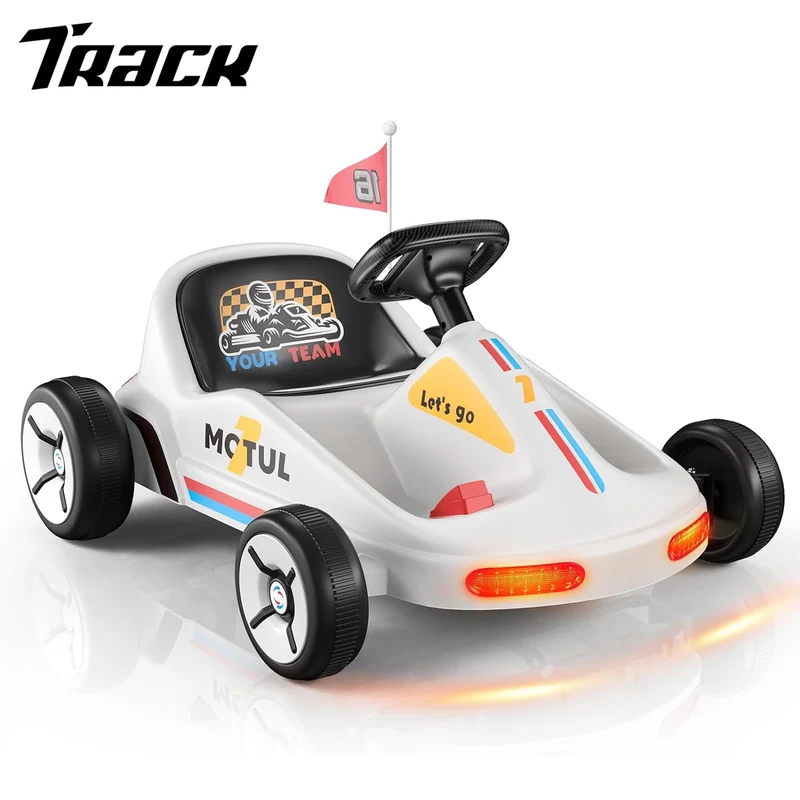 Track 7 12V Ride on Go Kart, Kids Electric Drifting Go Kart with Remote Control, Flashing Taillight, Bluetooth, Storytelling, Max Speed 3.7 mph, Portable Electric 4-Wheeler Car for Boys Girls Age 3+, White
