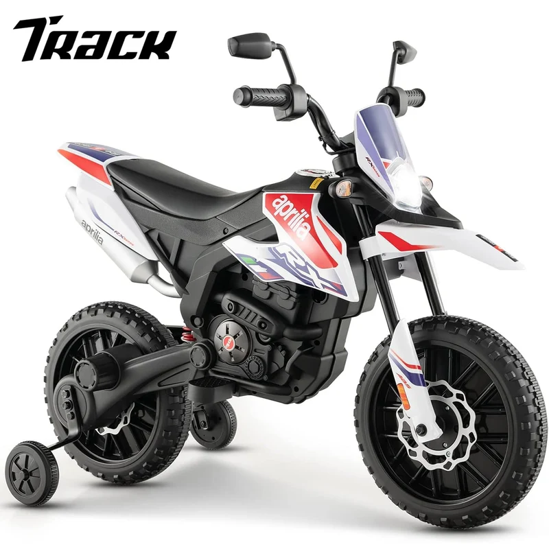 Track 7 12 V Ride on Motorcycle, Licensed Aprilia RX125 Kids Electric Motorcycle with Training Wheels, Spring Suspension, LED Lights, Music, White