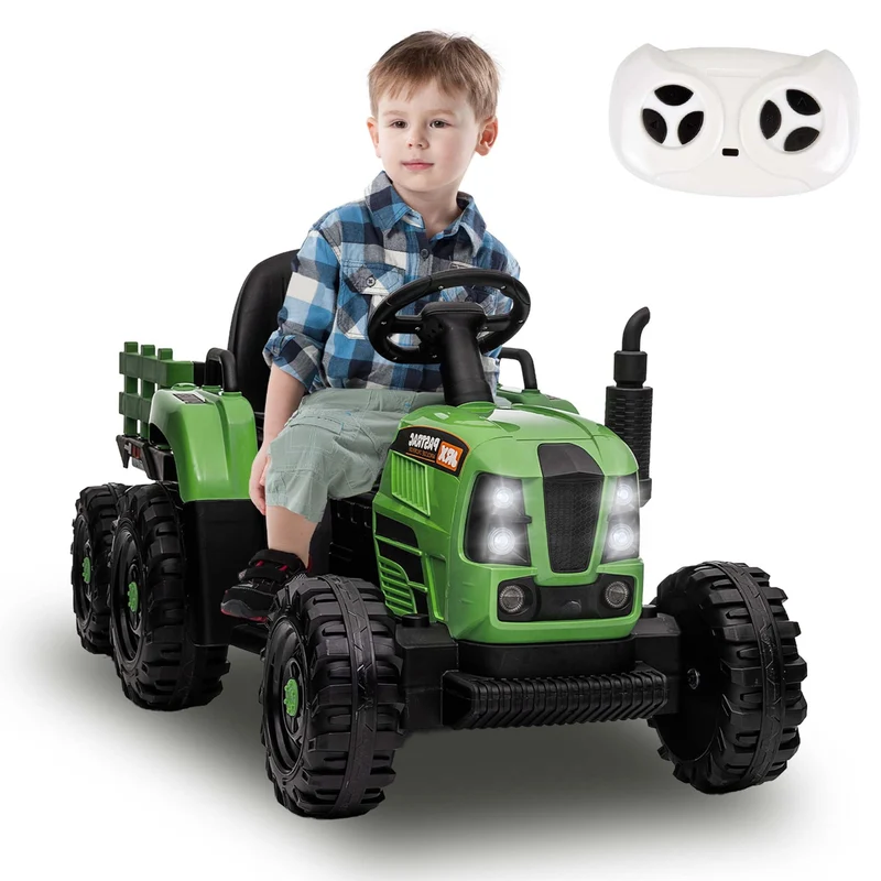 SUSIELADY 12V Kids Ride On Tractor with Trailer, with Parent Remote Control, 3 speed adjustable, with USB, MP3, Bluetooth, LED light, Two-point Safety Belt, for Kids 3+
