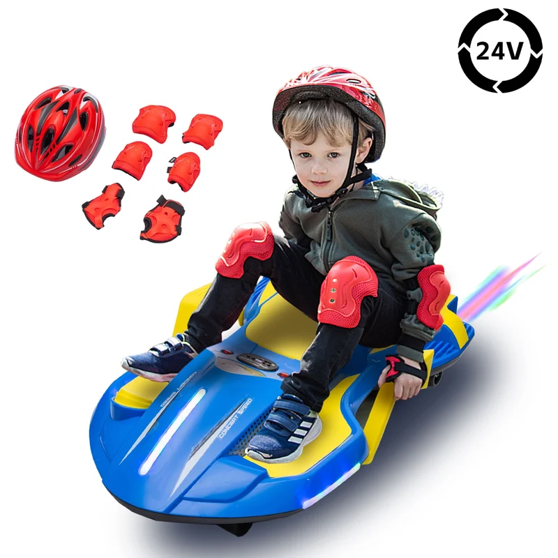 SUSIELADY 24V Ride on Electric Scooter with Helmet, Knee Pads, Glove, 200W Motor, 5.59 - 6.84 mph, Use for 1-2 hours, with Spray Function, Gravity Steering, Music for Child 6+