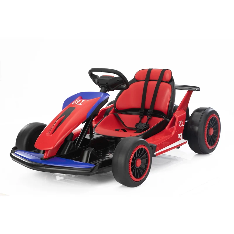 Track 7 24V Electric Ride-On Go Kart for Kids, Drift Kart with 5 MPH Max Speed, High/Low Speed, Accelerator Pedal, Music, Safety Belt, Battery-Powered Drifting Car for Children, Red and Blue