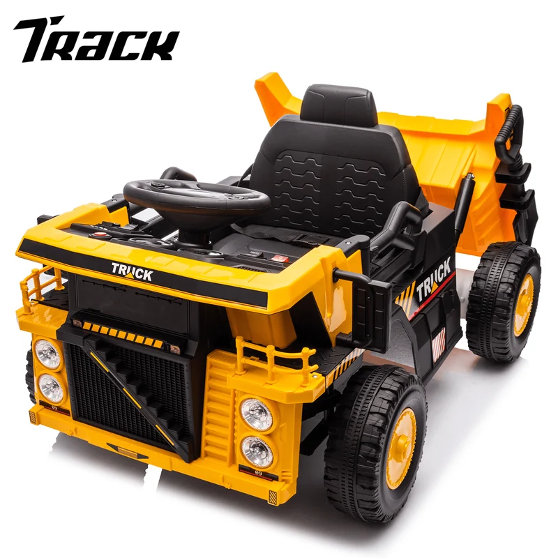 Track 7 12V Electric Ride-On Dump Truck, Parental Remote Control, 2WD Rear-Wheel Suspension, Electric Dump Bed & Bonus Shovel, Bluetooth Multimedia, Adjustable Volume & Speed, LED Lighting, Yellow