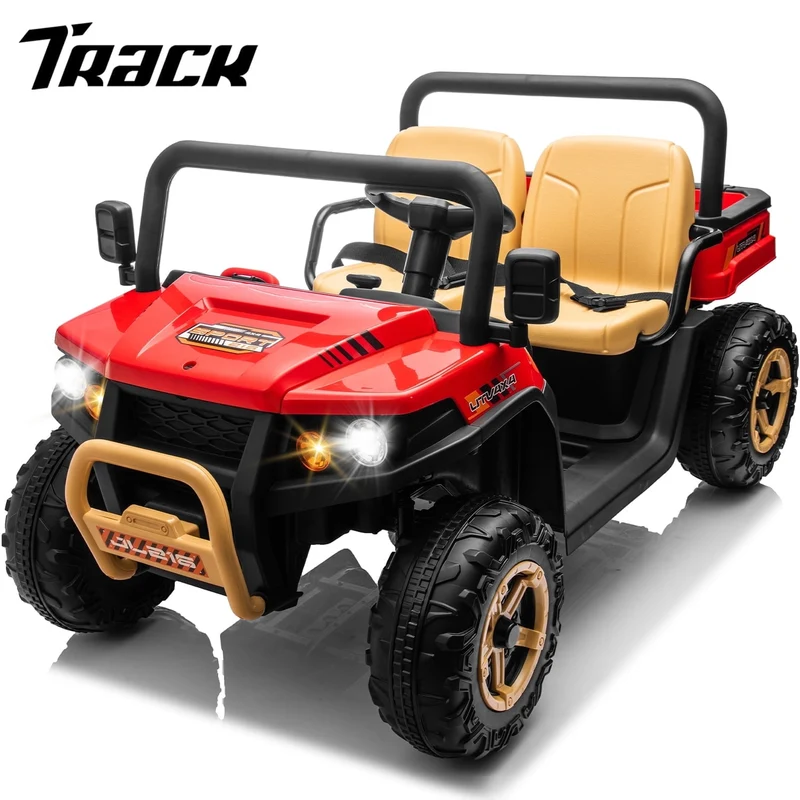 Track 7 24V 2 Seater Ride on Car, 25.79" Width Large Seat, 24V Ride On UTV w/Remote Control, Automatic Tipping Bucket, Bluetooth, Portable Handle, Electric Car Truck for Boys Girls Age 3+, Red