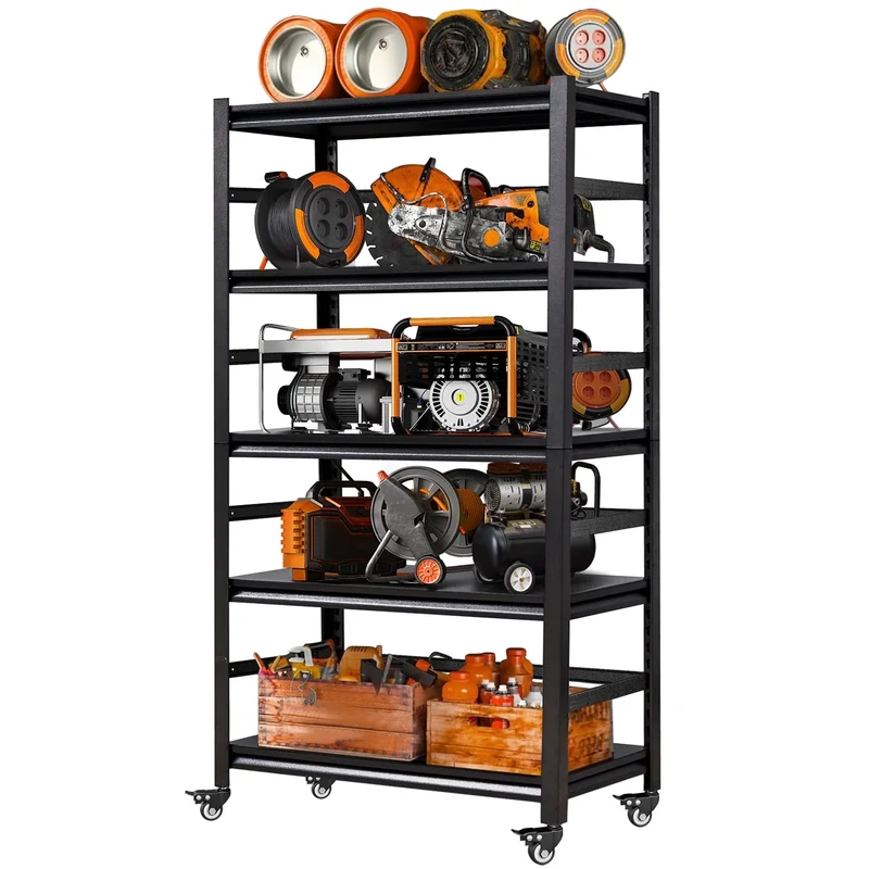 COOKCOK 5-Tier Storage Shelving Unit, Metal Shelf with Wheels, 39.4"x15.8"x 63", Adjustable Garage Storage Shelf, Load Up to 2000LBS, Kitchen Shelf with Protective Side