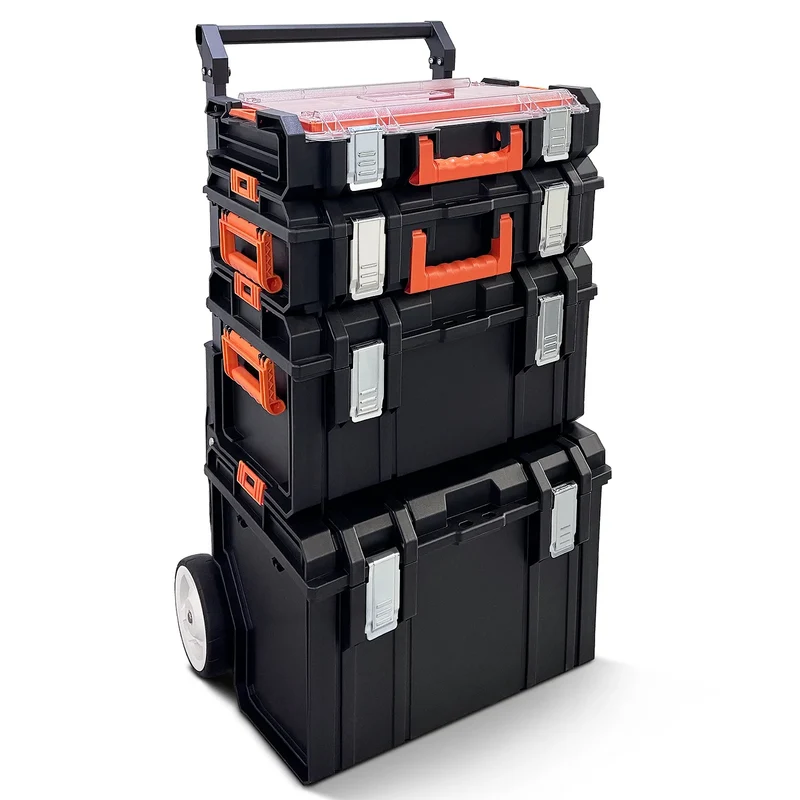 COOKCOK Stackable Storage System - 4 Pieces Set, Rolling Tool Box Set Mobile Tool Chest Storage Organizer Portable . Mobile Utility Cart with Comfort Grip Handle and Tough Latches, Black