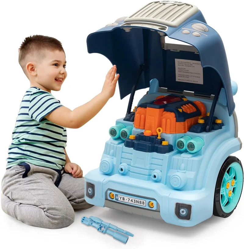 Track Seven Interactive Car Engine Toy Set, Kids Mechanic Repair Set, Build and Play with Engine Building Kit, Large Truck Toy Engine, Gifts Boy and Girls Child, Blue
