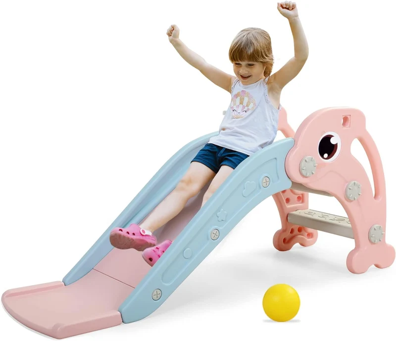 Track Seven Toddler Slide Playset with Climber, Basketball Hoop & Ball - Indoor/Outdoor Playground for Kids，Pink
